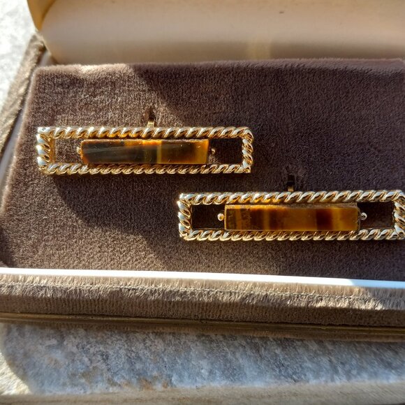 Swank Grand Prix TIGERS EYE Cufflinks Rectangular Gold Bars Original Vel… - Picture 4 of 15